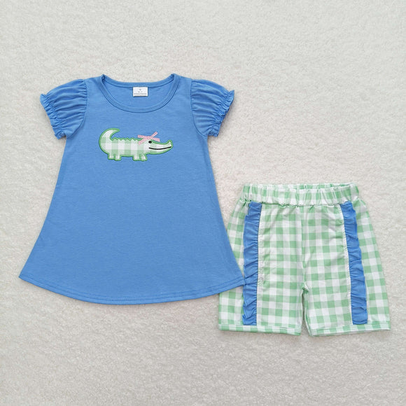 Crocodile Green Plaid Blue Girls Shorts Sets