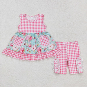 Floral Pink Plaid Pockets Lace Ruffles Girls Shorts Sets