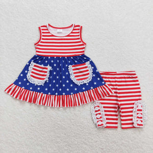 Stars White Red Stripe Pockets Girls 4th of July Outfits