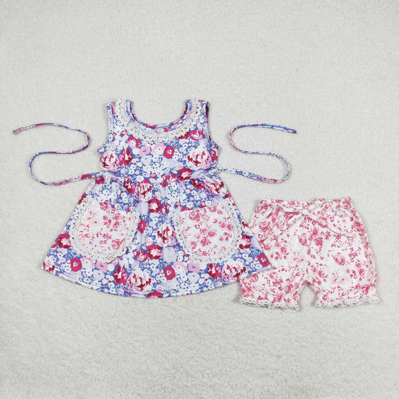 Red Blue Floral Lace Ruffles Pockets Girls Shorts Sets