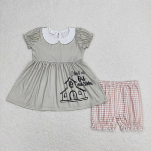 Old Story Doll Collar Plaid Green Girls Shorts Sets