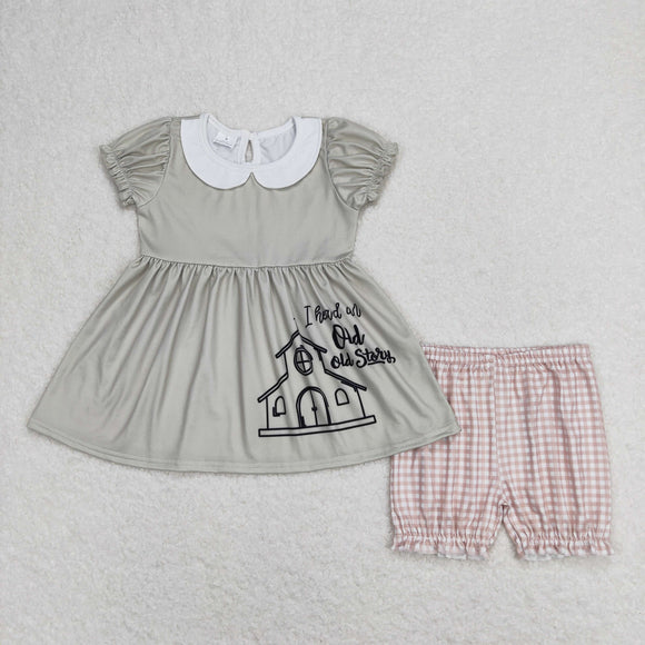 Old Story Doll Collar Plaid Green Girls Shorts Sets