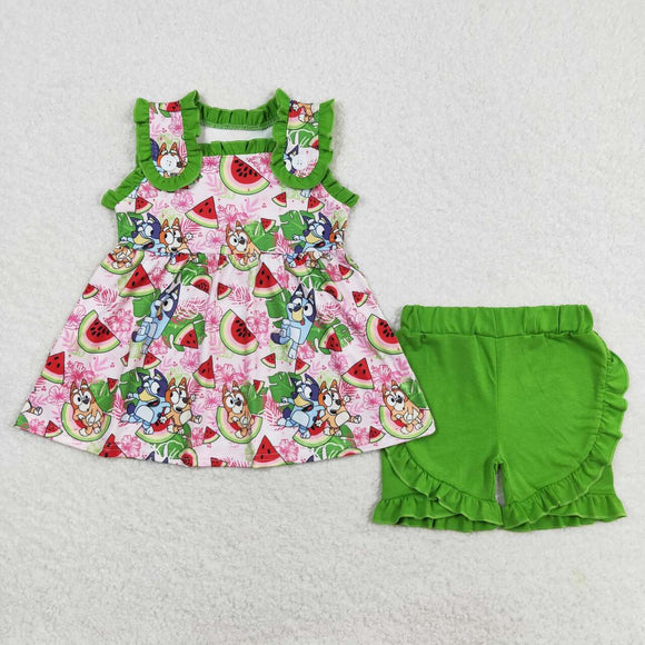 Cartoon Dogs Watermelon Green Ruffles Girls Shorts Sets