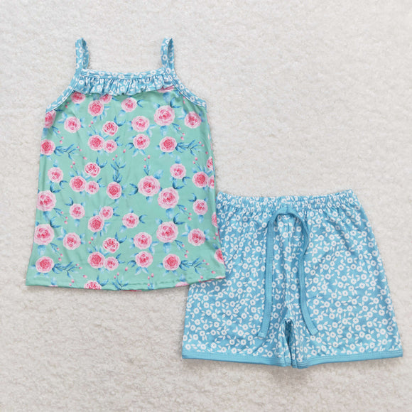 Floral Ruffles Green Blue Girls Shorts Sets