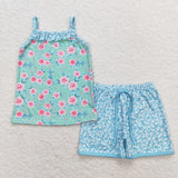 Floral Ruffles Green Blue Girls Shorts Sets