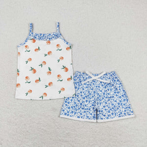 Peach Fruit Floral Girls Shorts Sets