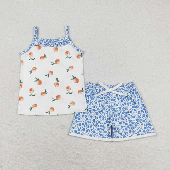 Peach Fruit Floral Girls Shorts Sets