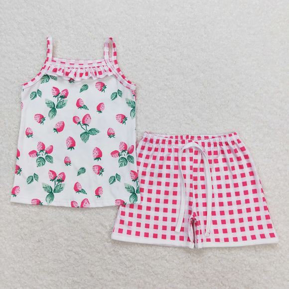 Strawberry Plaid White Girls Shorts Sets