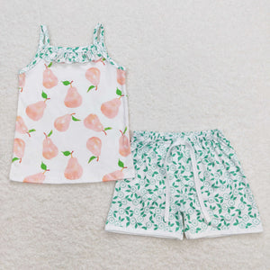 Pear Fruit Floral Girls Shorts Sets