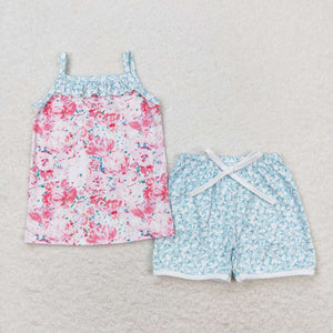 Pink Blue Floral Ruffles Girls Shorts Sets