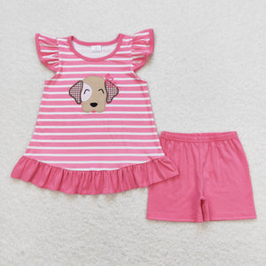 Dog Pink Stripe Girls Shorts Sets