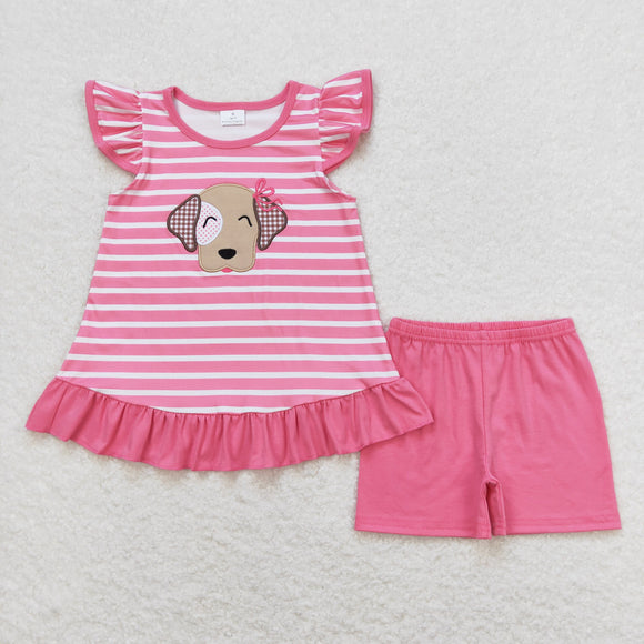 Dog Pink Stripe Girls Shorts Sets