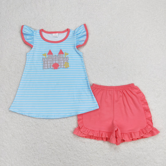 Shell Castle Stripe Blue Pink Girls Shorts Sets