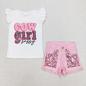 Cowgirl Sassy White Pink Sequins Jeans Girls Shorts Sets