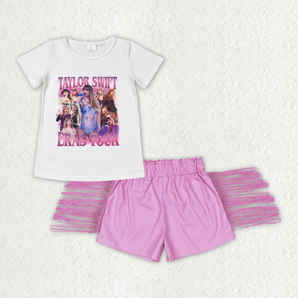 Singer Eras Tour Pink Leather Tassels Girls Shorts Sets