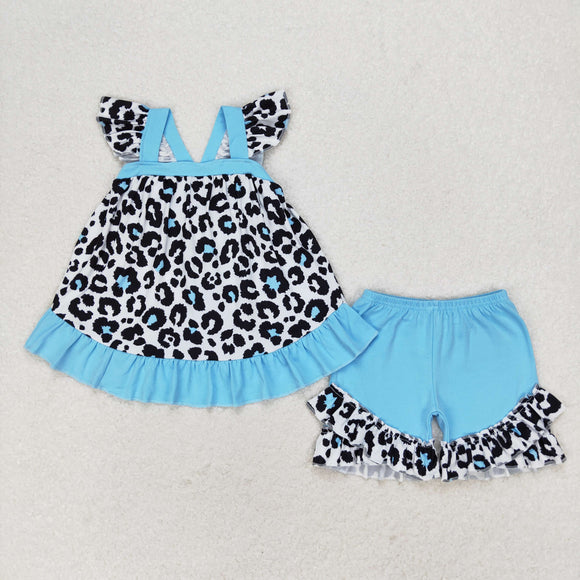 Leopard Print Blue Ruffles Girls Shorts Sets