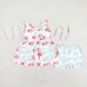 Pink Blue Floral Lace Ruffles Pockets Girls Shorts Sets