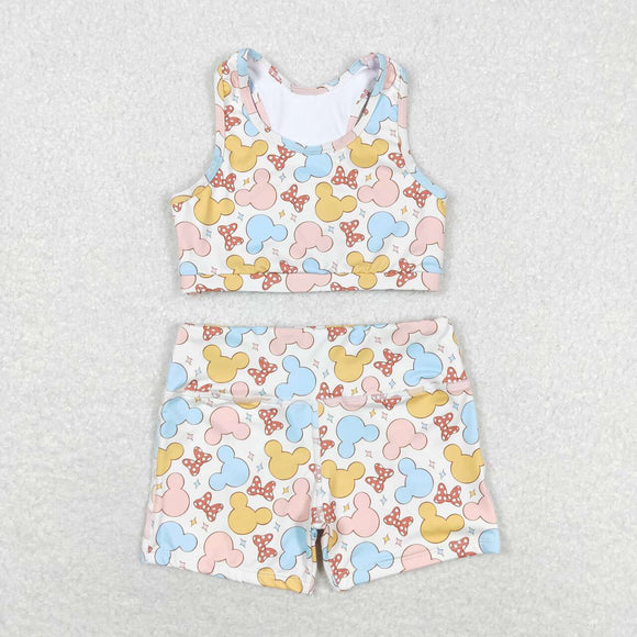 Cartoon Beige Girls Yoga Shorts Sets