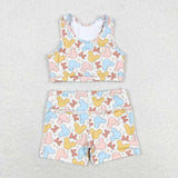 Cartoon Beige Girls Yoga Shorts Sets