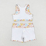 Cartoon Beige Girls Yoga Shorts Sets