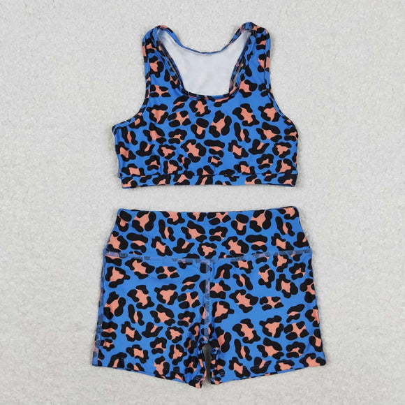 Leopard Print Blue Girls Yoga Shorts Sets