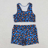 Leopard Print Blue Girls Yoga Shorts Sets