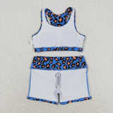 Leopard Print Blue Girls Yoga Shorts Sets