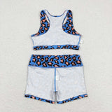 Leopard Print Blue Girls Yoga Shorts Sets
