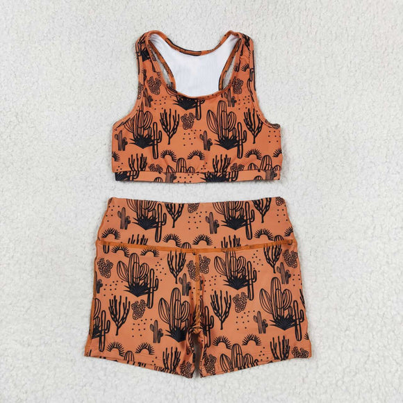 Cactus Brown Girls Yoga Shorts Sets
