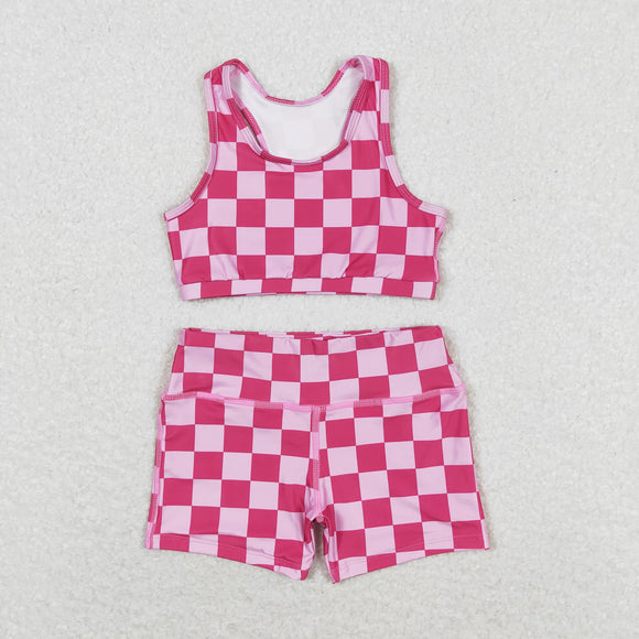 Hot Pink Plaid Yoga Sets Girls Shorts Sets