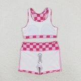 Hot Pink Plaid Yoga Sets Girls Shorts Sets