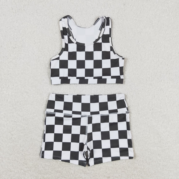 Black White Plaid Girls Yoga Shorts Sets