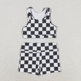 Black White Plaid Girls Yoga Shorts Sets