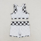 Black White Plaid Girls Yoga Shorts Sets