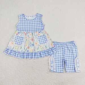 Floral Blue Plaid Pockets Lace Ruffles Girls Shorts Sets