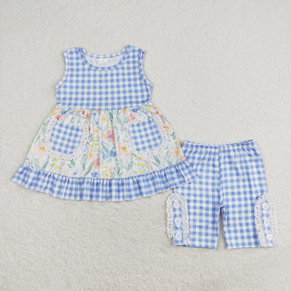 Floral Blue Plaid Pockets Lace Ruffles Girls Shorts Sets