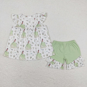 Cartoon Princess Green Girls Shorts Sets