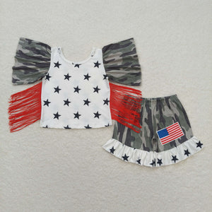 Flag Camo Stars Red Tassels Girls 4th of July Outfits