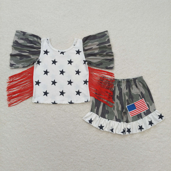 Flag Camo Stars Red Tassels Girls 4th of July Outfits