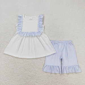 Blue Stripe Ruffles White Girls Shorts Sets