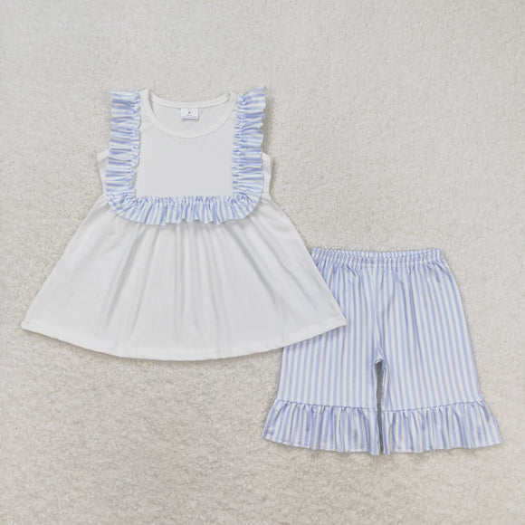Blue Stripe Ruffles White Girls Shorts Sets