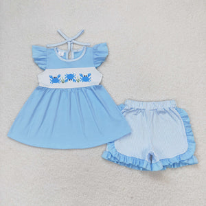 Crab Blue Stripe Ruffles Girls Shorts Sets
