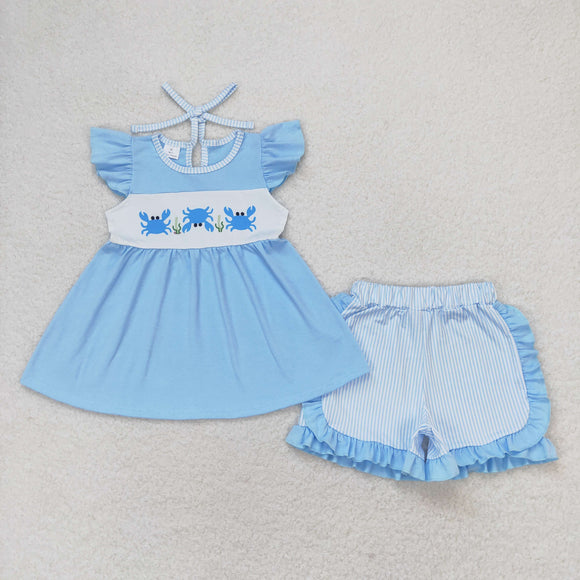 Crab Blue Stripe Ruffles Girls Shorts Sets