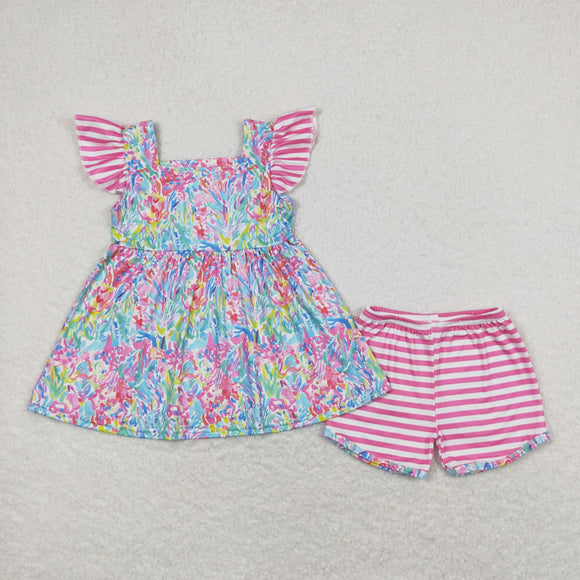 Sea Grass Hot Pink Stripe Girls Shorts Sets