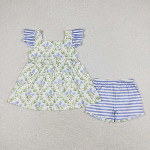 Floral Leaves Stripe Girls Shorts Sets