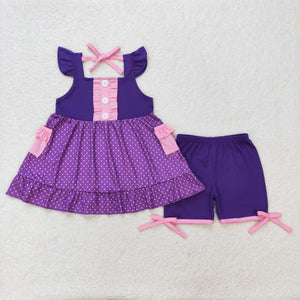 Solid Purple Pink Polka Dots Girls Shorts Sets