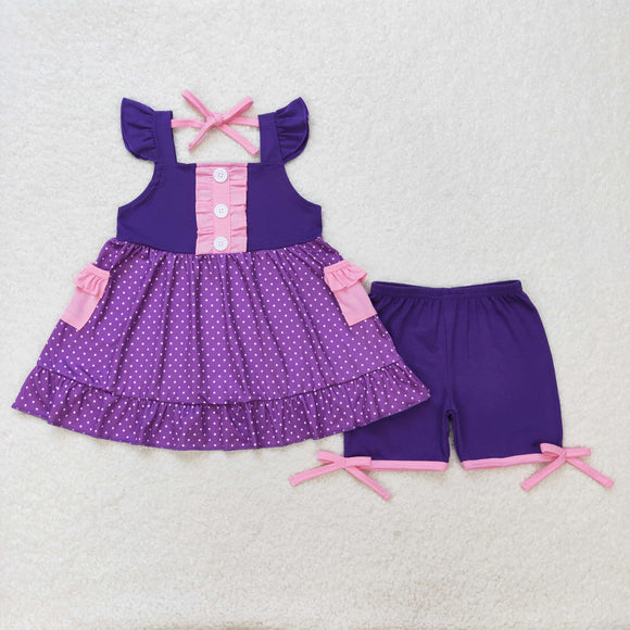 Solid Purple Pink Polka Dots Girls Shorts Sets