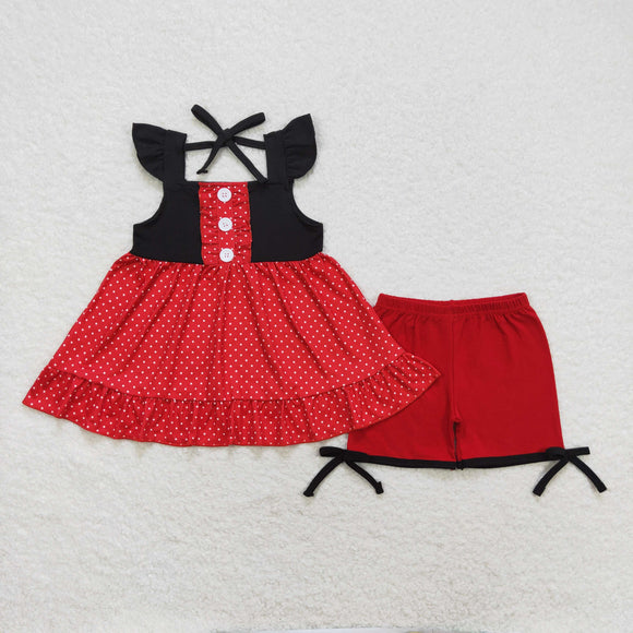 Solid Red Black Polka Dots Girls Shorts Sets