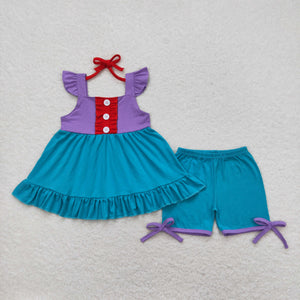 Solid Purple Blue Red Ruffles Girls Shorts Sets