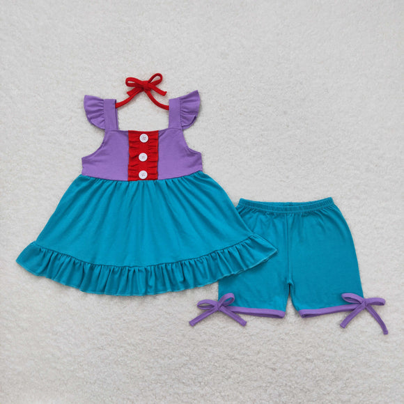 Solid Purple Blue Red Ruffles Girls Shorts Sets